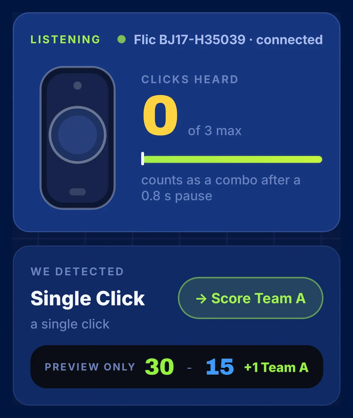 PadelRef's remote test wizard detecting a single click and previewing the point for Team A