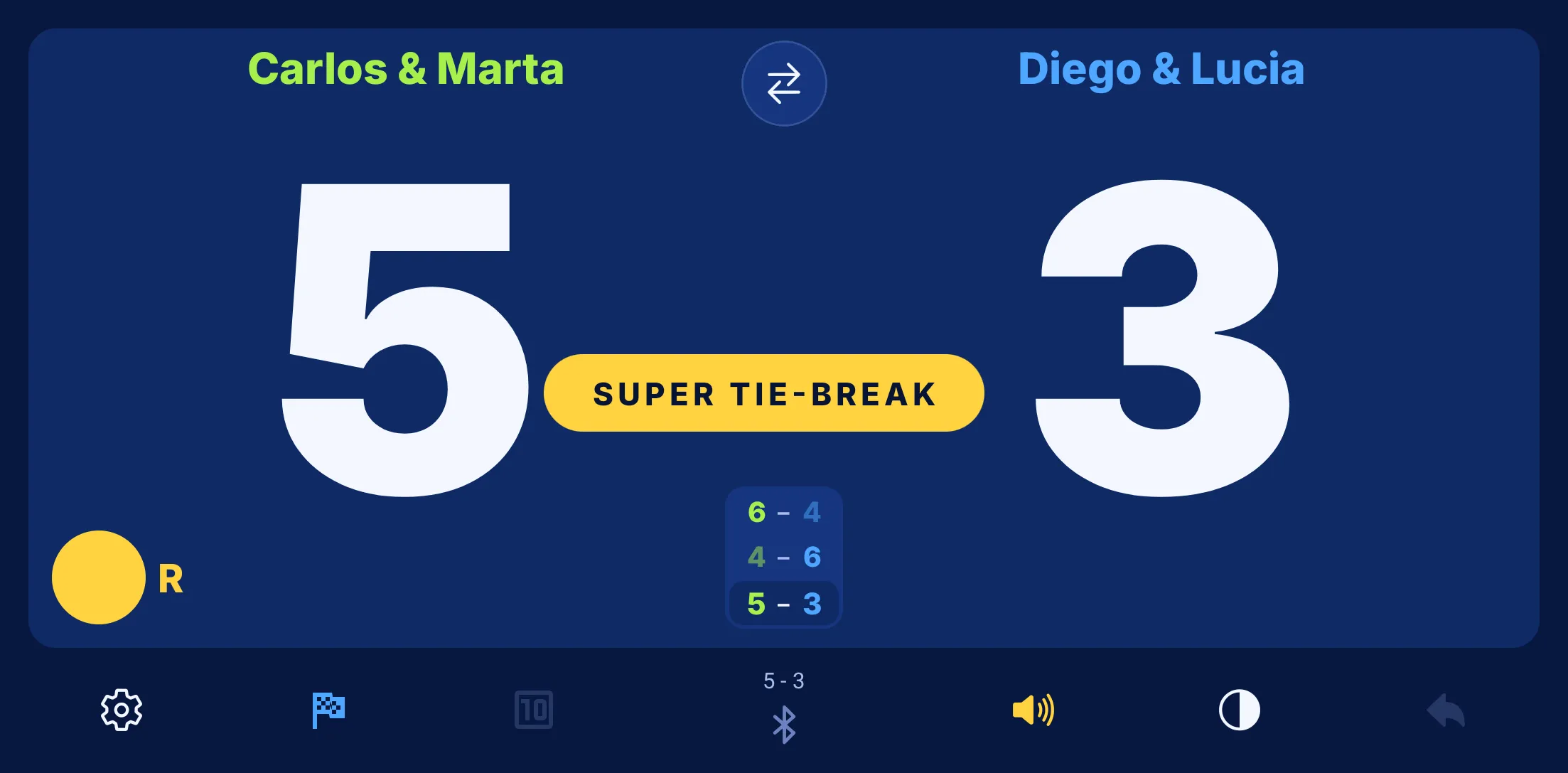 PadelRef scoreboard in a super tie-break at 5-3: the gold serve dot and the letter R in Carlos and Marta's corner, with the SUPER TIE-BREAK banner in the middle