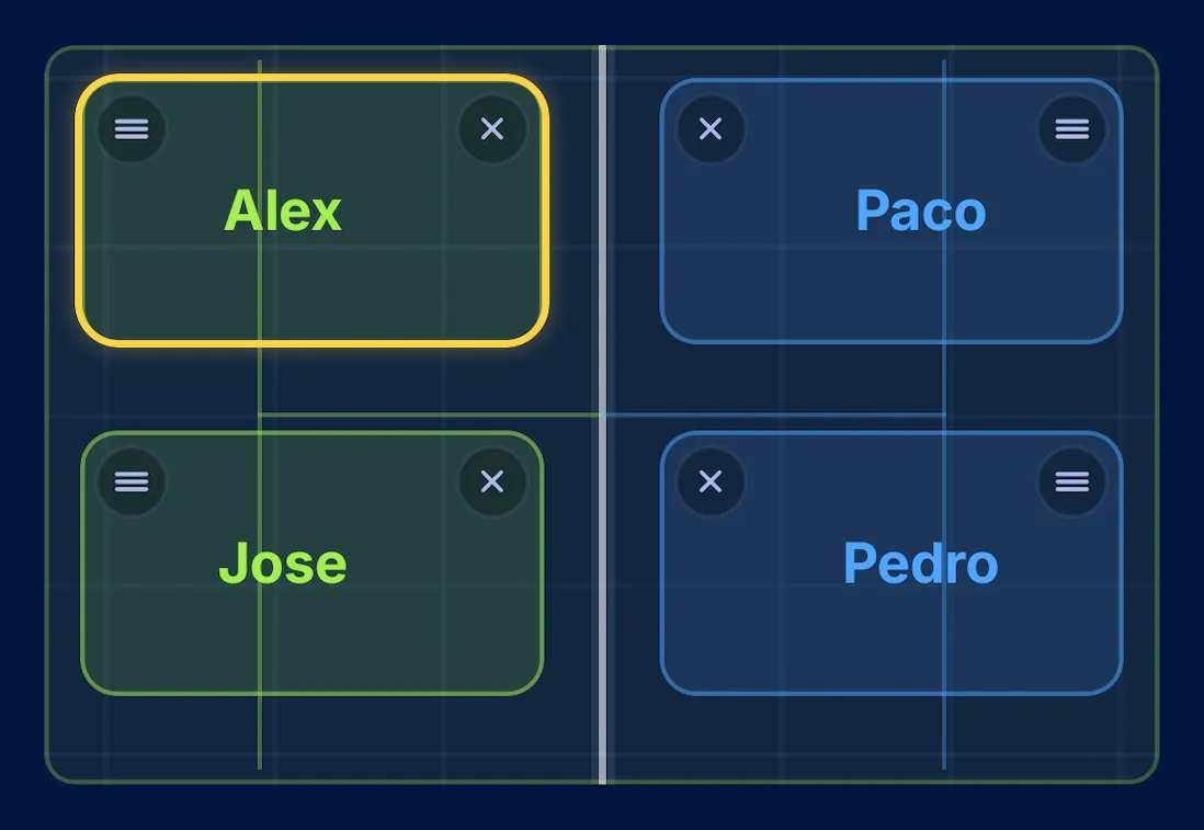 PadelRef player-name cards for both teams, stored only on the device