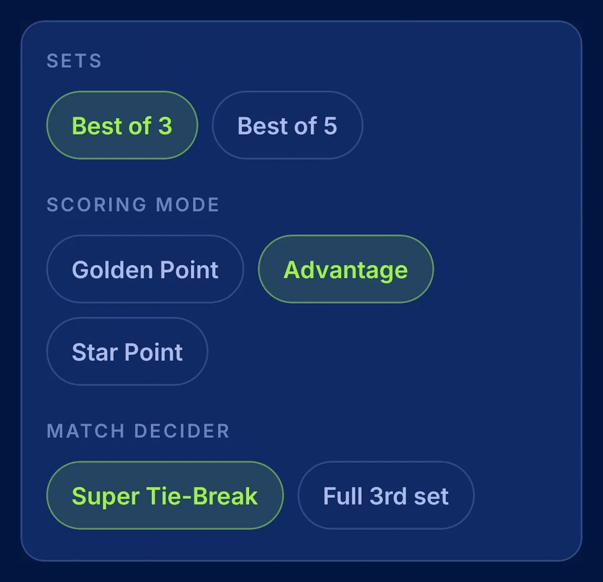 PadelRef match rules screen: Best of 3, Advantage, Super Tie-Break