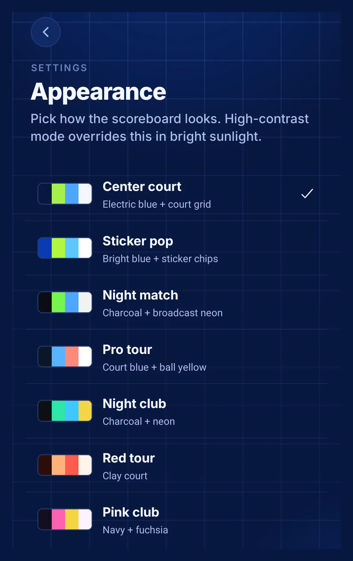 PadelRef appearance settings: seven colour themes, with Center court selected