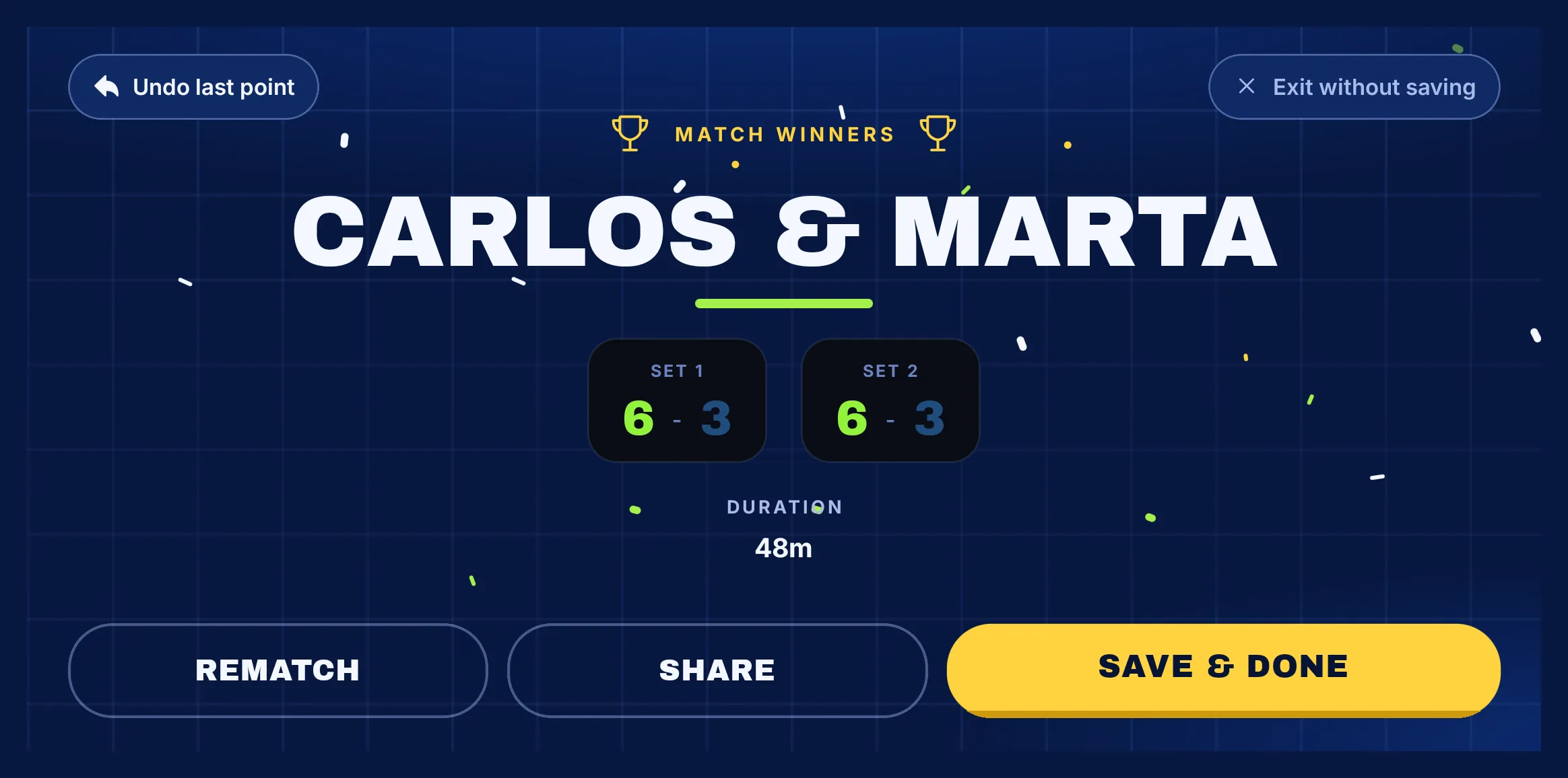 PadelRef match-won screen: Carlos & Marta win 6-3, 6-3 in 48 minutes
