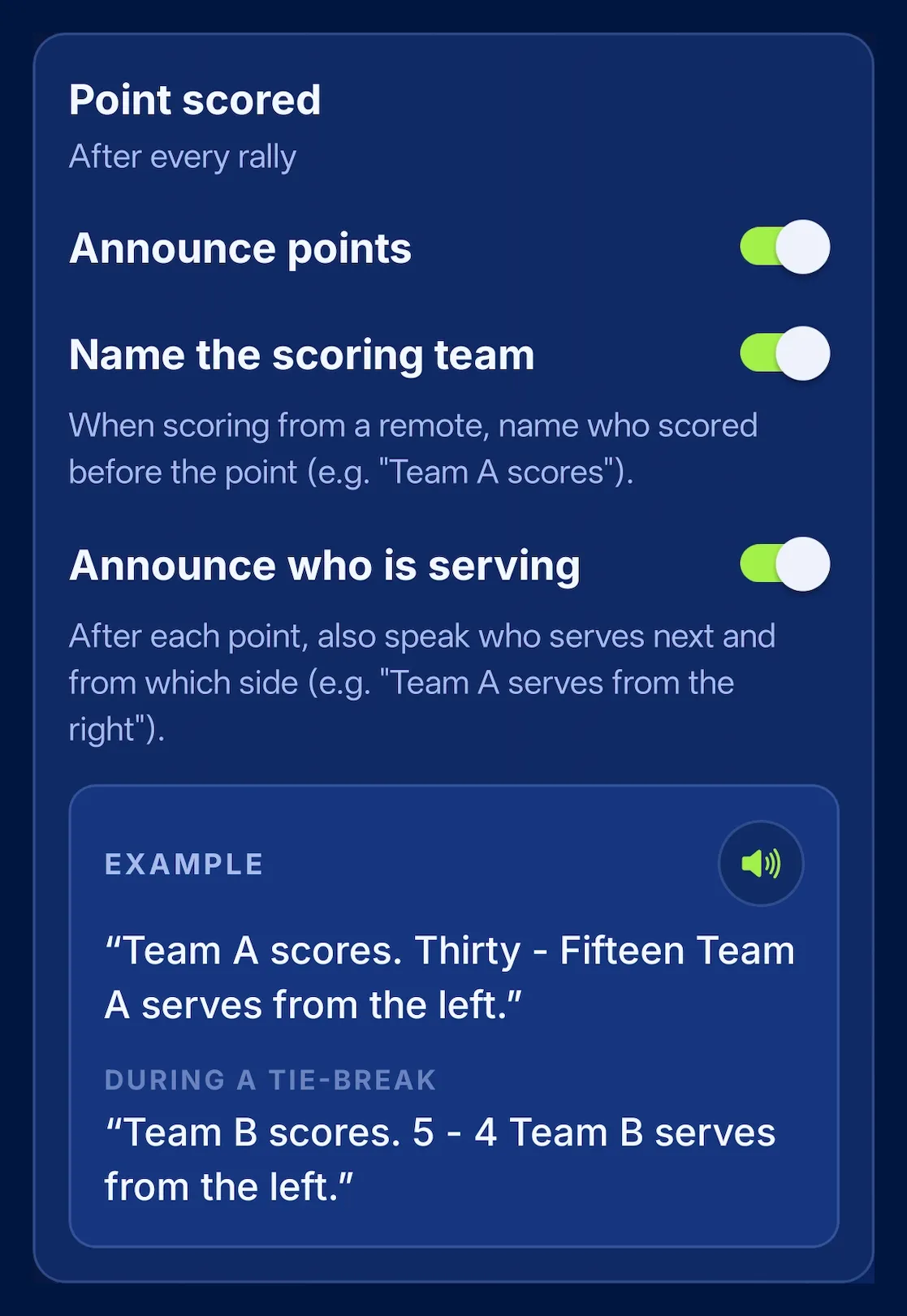PadelRef voice settings: switches to announce points, name the scoring team and announce who is serving, with an example of the phrase the app will say