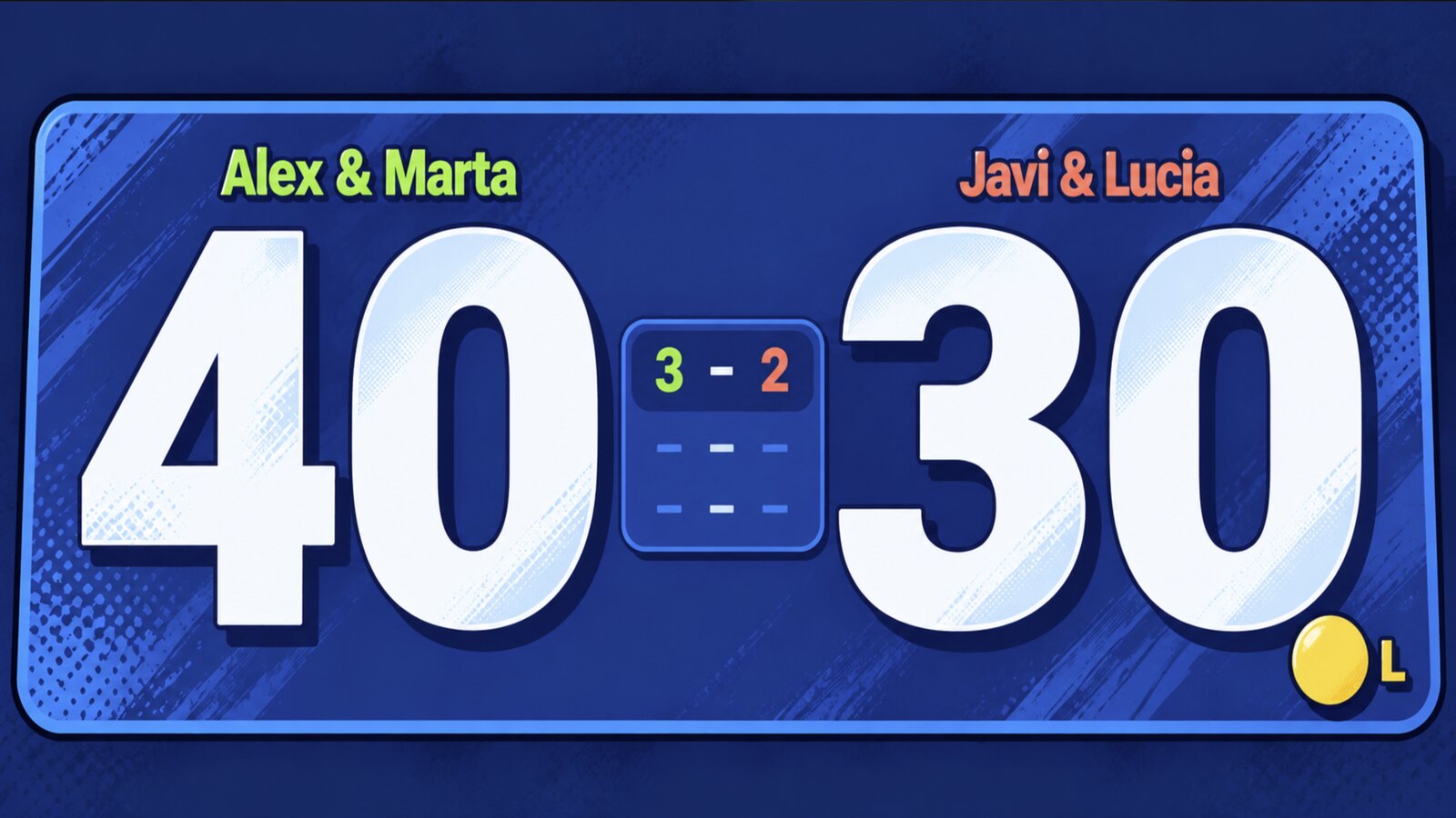 Illustrated padel scoreboard: Alex & Marta lead 40-30 against Javi & Lucia, games 3-2, with a yellow ball marking the server