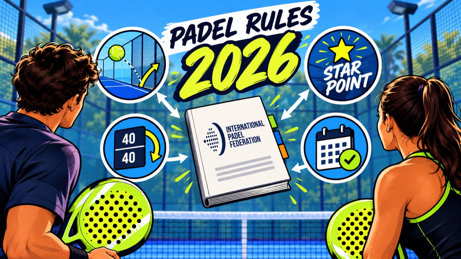Illustration titled Padel Rules 2026: a rulebook surrounded by icons for the serve, the Star Point, 40-40 and the calendar, with two players watching from the court