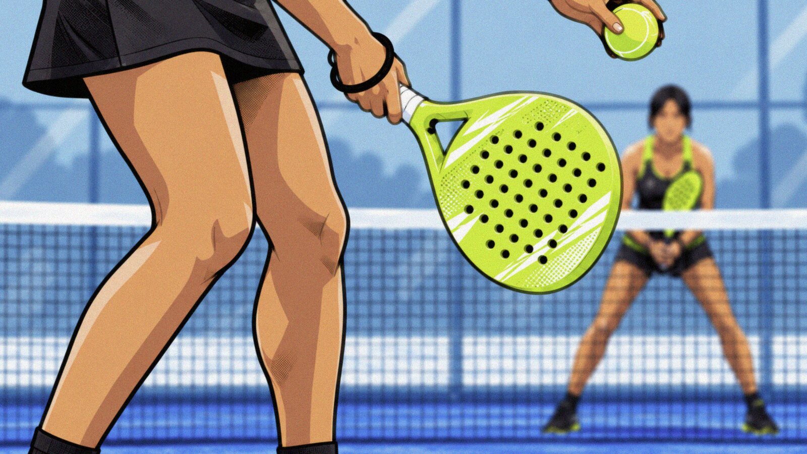 A padel player about to serve underarm, ball in one hand and racket in the other, with the receiver waiting across the net