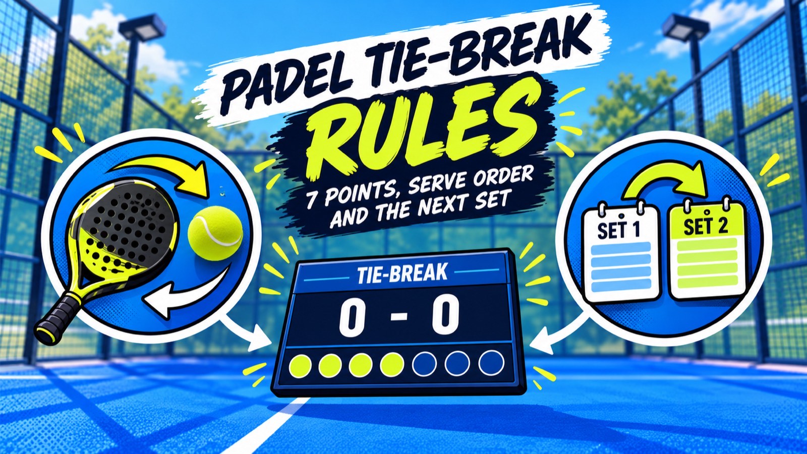 Illustration titled Padel Tie-Break Rules: 7 points, serve order and the next set, with a tie-break scoreboard at 0-0 between icons of a racket passing the serve and a switch from set 1 to set 2