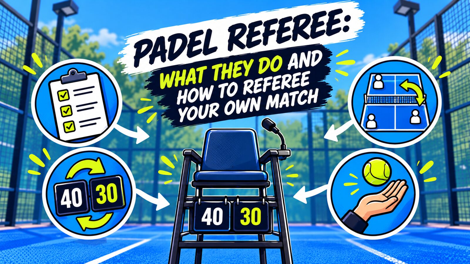 Illustration titled Padel Referee: an umpire's chair with a 40-30 scoreboard in the middle of the court, surrounded by icons for a checklist, the score, players changing sides and the serve