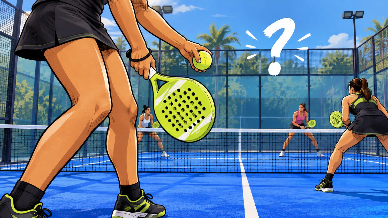 A player about to serve on a padel court, with a big question mark above it and three players waiting
